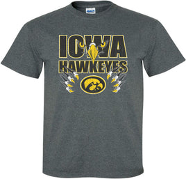 This design has hawk eyes and beak on top of the Iowa Hawkeyes, and Hawk talons surrounding the Tigerhawk. Printed on a pre-shrunk, 50/50 cotton/poly dark gray t-shirt with white, black and gold ink. All of our Iowa Hawkeye designs are Officially Licensed and approved by the University of Iowa.