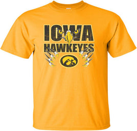 This design has hawk eyes and beak on top of the Iowa Hawkeyes, and Hawk talons surrounding the Tigerhawk. Printed on a pre-shrunk, 100% cotton gold t-shirt with white, black and gold ink. All of our Iowa Hawkeye designs are Officially Licensed and approved by the University of Iowa.