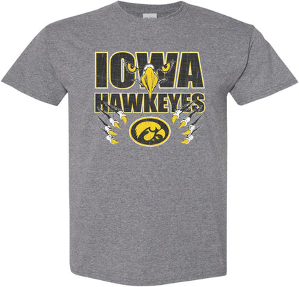 This design has hawk eyes and beak on top of the Iowa Hawkeyes, and Hawk talons surrounding the Tigerhawk. Printed on a pre-shrunk, 50/50 cotton/poly medium gray t-shirt with white, black and gold ink. All of our Iowa Hawkeye designs are Officially Licensed and approved by the University of Iowa.