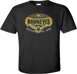 This Iowa Hawkeyes design has Hawkeyes, a Hawk flying above University of Iowa and a Tigerhawk. Printed on a pre-shrunk, 100% cotton black t-shirt with white, black and gold ink. All of our Iowa Hawkeye designs are Officially Licensed and approved by the University of Iowa.