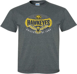 This Iowa Hawkeyes design has Hawkeyes, a Hawk flying above University of Iowa and a Tigerhawk. Printed on a pre-shrunk, 50/50 cotton/poly dark gray t-shirt with white, black and gold ink. All of our Iowa Hawkeye designs are Officially Licensed and approved by the University of Iowa.