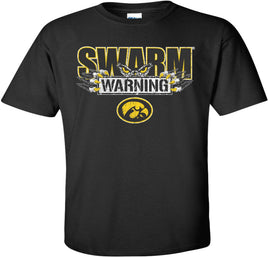 Swarm Warning! You've been warned! This design has Swarm Warning with hawk eyes, talons and the Tigerhawk. Printed on a pre-shrunk, 100% cotton black t-shirt with white, black and gold ink. All of our Iowa Hawkeye designs are Officially Licensed and approved by the University of Iowa.