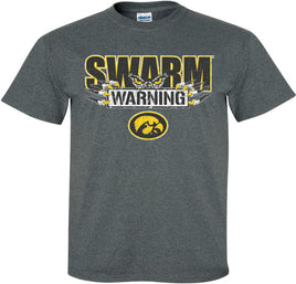 Swarm Warning! You've been warned! This design has Swarm Warning with Hawk Eyes, Talons and the Tigerhawk. Printed on a pre-shrunk, 50/50 cotton/poly dark gray t-shirt with white, black and gold ink. All of our Iowa Hawkeye designs are Officially Licensed and approved by the University of Iowa.