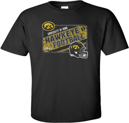 This design has University of Iowa, Hawkeye Football, Est 1847, the Tigerhawk, the ANF logo (America Needs Farmers) and the Iowa football helmet. Printed on a pre-shrunk, 100% cotton black t-shirt with white, black and gold ink. All of our Iowa Hawkeye designs are Officially Licensed and approved by the University of Iowa.