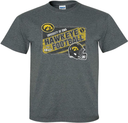 This design has University of Iowa, Hawkeye Football, Est 1847, the Tigerhawk, the ANF logo (America Needs Farmers) and the Iowa football helmet. Printed on a pre-shrunk, 50/50 cotton/poly dark gray t-shirt with white, black and gold ink. All of our Iowa Hawkeye designs are Officially Licensed and approved by the University of Iowa.