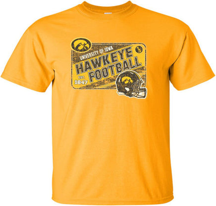 This design has University of Iowa, Hawkeye Football, Est 1847, the Tigerhawk, the ANF logo (America Needs Farmers) and the Iowa football helmet. Printed on a pre-shrunk, 100% cotton gold t-shirt with white, black and gold ink. All of our Iowa Hawkeye designs are Officially Licensed and approved by the University of Iowa.