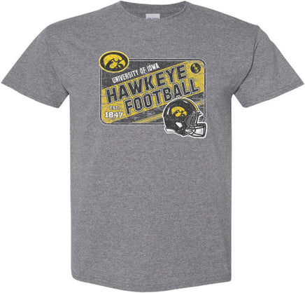 This design has University of Iowa, Hawkeye Football, Est 1847, the Tigerhawk, the ANF logo (America Needs Farmers) and the Iowa football helmet. Printed on a pre-shrunk, 50/50 cotton/poly medium gray t-shirt with white, black and gold ink. All of our Iowa Hawkeye designs are Officially Licensed and approved by the University of Iowa.