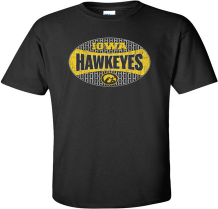 Show off your Hawkeye Pride with this unique Iowa Hawkeye shirt. This design has Iowa Hawkeyes and a Tigerhawk in an oval. The top and bottom parts of the oval have an "I" pattern. Printed on a pre-shrunk, 100% cotton black t-shirt with white, gold and black ink. All of our Iowa Hawkeye designs are Officially Licensed and approved by the University of Iowa.