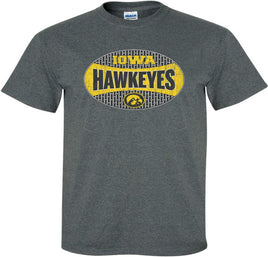 Show off your Hawkeye Pride with this unique Iowa Hawkeye shirt. This design has Iowa Hawkeyes and a Tigerhawk in an oval. The top and bottom parts of the oval have an "I" pattern. Printed on a pre-shrunk, 50/50 cotton/poly dark gray t-shirt with white, gold and black ink. All of our Iowa Hawkeye designs are Officially Licensed and approved by the University of Iowa.