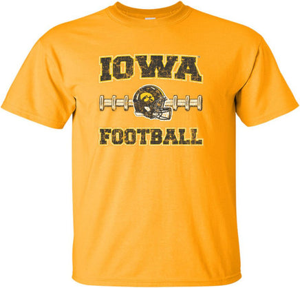 Cheer on the Hawks at Kinnick with this Iowa Football design that has the Iowa football helmet on laces from a football. Printed on a pre-shrunk, 100% cotton gold t-shirt with white, black and gold ink. All of our Iowa Hawkeye designs are Officially Licensed and approved by the University of Iowa.