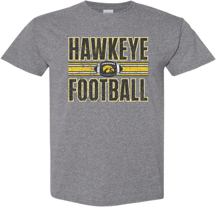 This Hawkeye Football design features a football with the Tigerhawk and the stripes that are on the Iowa Football uniforms. Printed on a pre-shrunk, 50/50 cotton/poly medium gray t-shirt with white, black and gold ink. All of our Iowa Hawkeye designs are Officially Licensed and approved by the University of Iowa.