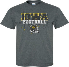 This Iowa Football design is drawing up the perfect play for a game winning touchdown at Kinnick Stadium! Printed on a pre-shrunk, 50/50 cotton/poly dark gray t-shirt with white, black and gold ink. All of our Iowa Hawkeye designs are Officially Licensed and approved by the University of Iowa.