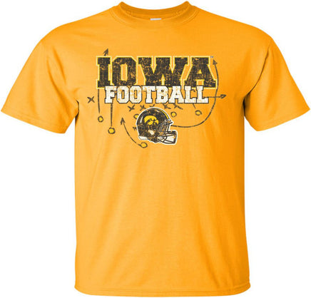 This Iowa Football design is drawing up the perfect play for a game winning touchdown at Kinnick Stadium! Printed on a pre-shrunk, 100% cotton gold t-shirt with white, black and gold ink. All of our Iowa Hawkeye designs are Officially Licensed and approved by the University of Iowa.