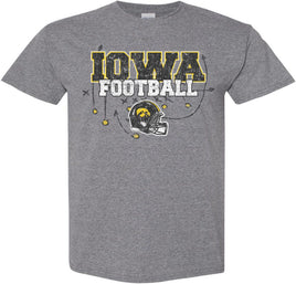 This Iowa Football design is drawing up the perfect play for a game winning touchdown at Kinnick Stadium! Printed on a pre-shrunk, 50/50 cotton/poly medium gray t-shirt with white, black and gold ink. All of our Iowa Hawkeye designs are Officially Licensed and approved by the University of Iowa.