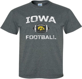 Show your support for the Iowa Football team with this design that has Iowa Football and a football with a gold Tigerhawk. Printed on a pre-shrunk, 50/50 cotton/poly dark gray t-shirt with white, black and gold ink. All of our Iowa Hawkeye designs are Officially Licensed and approved by the University of Iowa.