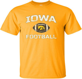 Show your support for the Iowa Football team with this design that has Iowa Football and a football with a gold Tigerhawk. Printed on a pre-shrunk, 100% cotton gold t-shirt with white, black and gold ink. All of our Iowa Hawkeye designs are Officially Licensed and approved by the University of Iowa.