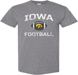 Show your support for the Iowa Football team with this design that has Iowa Football and a football with a gold Tigerhawk. Printed on a pre-shrunk, 50/50 cotton/poly medium gray t-shirt with white, black and gold ink. All of our Iowa Hawkeye designs are Officially Licensed and approved by the University of Iowa.