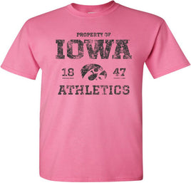 This design has Property of Iowa Athletics, the Tigerhawk, and 1847, the year the University of Iowa was founded. Printed on a pre-shrunk, 100% cotton azalea pink t-shirt with black ink. Officially Licensed and approved by the University of Iowa.