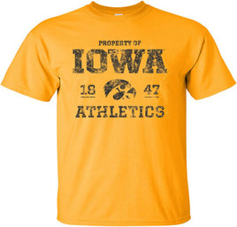 This design has Property of Iowa Athletics, the Tigerhawk, and 1847, the year the University of Iowa was founded. Printed on a pre-shrunk, 100% cotton gold t-shirt with black ink. Officially Licensed and approved by the University of Iowa.