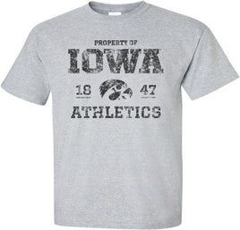 Show your support for Iowa Athletics. This design has Property of Iowa Athletics, the Tigerhawk, and 1847, the year the University of Iowa was founded. Printed on a pre-shrunk, 90/10 cotton/poly light gray t-shirt with black ink. All of our Iowa Hawkeye designs are Officially Licensed and approved by the University of Iowa.