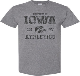 This design has Property of Iowa Athletics, the Tigerhawk, and 1847, the year the University of Iowa was founded. Printed on a pre-shrunk, 50/50 cotton/poly medium gray t-shirt with black ink. All of our Iowa Hawkeye designs are Officially Licensed and approved by the University of Iowa.