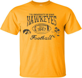 This old school Iowa football design has The University of Iowa Hawkeyes above a football. Inside the football has Since 1847. This design also has the Tigerhawk and the Old School Football Herky.  Printed on a gold t-shirt with black ink. 