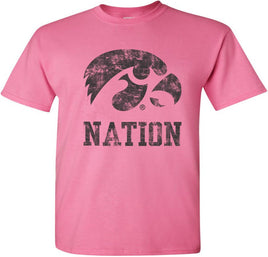 This design features a big Tigerhawk above Nation. Printed on a pink shirt. Officially Licensed and approved by the University of Iowa.