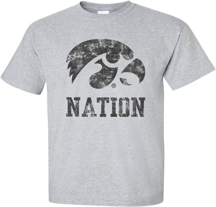 Hawkeye Nation! This design features a big Tigerhawk above Nation. Printed on pre-shrunk, 90/10 cotton/poly light gray t-shirt with black ink. All of our Iowa Hawkeye designs are Officially Licensed and approved by the University of Iowa.
