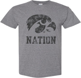 This design features a big Tigerhawk above Nation. Printed on a medium gray shirt. Officially Licensed and approved by the University of Iowa.