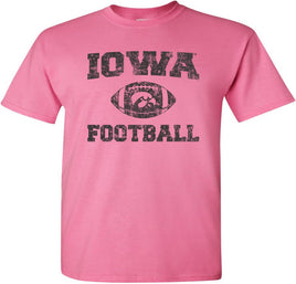 This design has Iowa Football and a football with the Tigerhawk. Printed on a pre-shrunk, 100% cotton azalea pink t-shirt with black ink. All of our Iowa Hawkeye designs are Officially Licensed and approved by the University of Iowa.