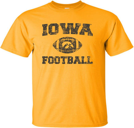 This design has Iowa Football and a football with the Tigerhawk. Printed on a pre-shrunk, 100% cotton gold t-shirt with black ink. All of our Iowa Hawkeye designs are Officially Licensed and approved by the University of Iowa.