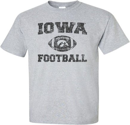 Cheer on the Iowa Hawkeye Football team with this design that has Iowa Football and a football with the Tigerhawk. Printed on a pre-shrunk, 90/10 cotton/poly light gray t-shirt with black ink. All of our Iowa Hawkeye designs are Officially Licensed and approved by the University of Iowa.
