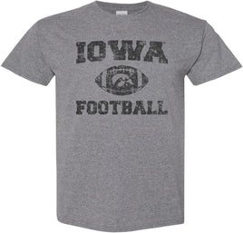 This design has Iowa Football and a football with the Tigerhawk. Printed on a pre-shrunk, 50/50 cotton/poly medium gray t-shirt with black ink. All of our Iowa Hawkeye designs are Officially Licensed and approved by the University of Iowa.