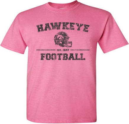This design has Hawkeye Football with the Hawkeye football helmet. The design also has Est. 1847, the year the University of Iowa was founded. Printed on a pre-shrunk, 100% cotton azalea pink t-shirt with black ink. All of our Iowa Hawkeye designs are Officially Licensed and approved by the University of Iowa.