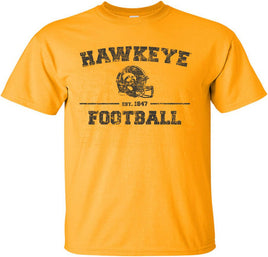 This design has Hawkeye Football with the Hawkeye football helmet. The design also has Est. 1847, the year the University of Iowa was founded. Printed on a pre-shrunk, 100% cotton gold t-shirt with black ink. All of our Iowa Hawkeye designs are Officially Licensed and approved by the University of Iowa.