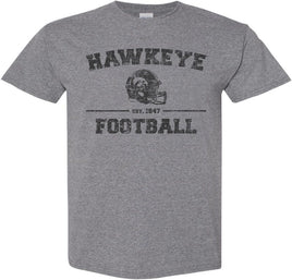 This design has Hawkeye Football with the Hawkeye football helmet. The design also has Est. 1847, the year the University of Iowa was founded. Printed on a pre-shrunk, 50/50 cotton/poly medium gray t-shirt with black ink. All of our Iowa Hawkeye designs are Officially Licensed and approved by the University of Iowa.