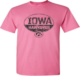 This design has Iowa Hawkeyes inside an Oval and the Tigerhawk. Printed on a pre-shrunk, 100% cotton azalea pink t-shirt with black ink. All of our Iowa Hawkeye designs are Officially Licensed and approved by the University of Iowa.
