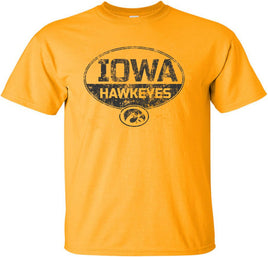 This design has Iowa Hawkeyes inside an Oval and the Tigerhawk. Printed on a pre-shrunk, 100% cotton gold t-shirt with black ink. All of our Iowa Hawkeye designs are Officially Licensed and approved by the University of Iowa.