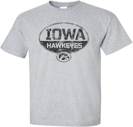 This design has Iowa Hawkeyes inside an Oval and the Tigerhawk. Printed on a pre-shrunk, 90/10 cotton/poly light gray t-shirt with black ink. All of our Iowa Hawkeye designs are Officially Licensed and approved by the University of Iowa.