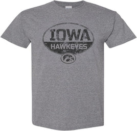 This design has Iowa Hawkeyes inside an Oval and the Tigerhawk. Printed on a pre-shrunk, 50/50 cotton/poly medium gray t-shirt with black ink. All of our Iowa Hawkeye designs are Officially Licensed and approved by the University of Iowa.