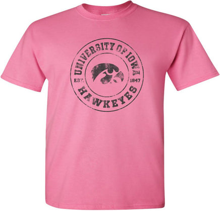 This design has University of Iowa Hawkeyes circled around the Tigerhawk and Est. 1847, the year the University of Iowa was founded. Printed on a pre-shrunk, 100% cotton azalea pink t-shirt with black ink. All of our Iowa Hawkeye designs are Officially Licensed and approved by the University of Iowa.