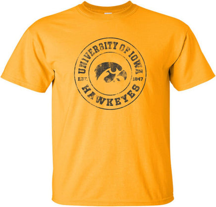 This design has University of Iowa Hawkeyes circled around the Tigerhawk and Est. 1847, the year the University of Iowa was founded. Printed on a pre-shrunk, 100% cotton gold t-shirt with black ink. All of our Iowa Hawkeye designs are Officially Licensed and approved by the University of Iowa.