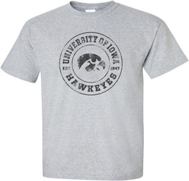 This design has University of Iowa Hawkeyes circled around the Tigerhawk and Est. 1847, the year the University of Iowa was founded. Printed on a pre-shrunk, 90/10 cotton/poly light gray t-shirt with black ink. All of our Iowa Hawkeye designs are Officially Licensed and approved by the University of Iowa.