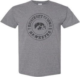 This design has University of Iowa Hawkeyes circled around the Tigerhawk and Est. 1847, the year the University of Iowa was founded. Printed on a pre-shrunk, 50/50 cotton/poly medium gray t-shirt with black ink. All of our Iowa Hawkeye designs are Officially Licensed and approved by the University of Iowa.
