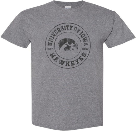 This design has University of Iowa Hawkeyes circled around the Tigerhawk and Est. 1847, the year the University of Iowa was founded. Printed on a pre-shrunk, 50/50 cotton/poly medium gray t-shirt with black ink. All of our Iowa Hawkeye designs are Officially Licensed and approved by the University of Iowa.