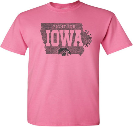This design features Fight For Iowa and a Tigerhawk inside the state of Iowa. There is also a Go Hawks around the east edge of the state of Iowa. Printed on a pre-shrunk, 100% cotton azalea pink t-shirt with black ink. All of our Iowa Hawkeye designs are Officially Licensed and approved by the University of Iowa.