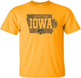 This design features Fight For Iowa and a Tigerhawk inside the state of Iowa. There is also a Go Hawks around the east edge of the state of Iowa. Printed on a pre-shrunk, 100% cotton gold t-shirt with black ink. All of our Iowa Hawkeye designs are Officially Licensed and approved by the University of Iowa.