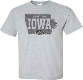Fight For Iowa and Go Hawks! This design features Fight For Iowa and a Tigerhawk inside the state of Iowa. There is also a Go Hawks around the east edge of the state of Iowa. Printed on a pre-shrunk, 90/10 cotton/poly light gray t-shirt with black ink. All of our Iowa Hawkeye designs are Officially Licensed and approved by the University of Iowa.