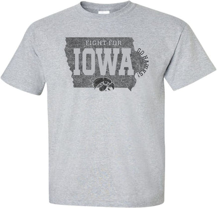 Fight For Iowa and Go Hawks! This design features Fight For Iowa and a Tigerhawk inside the state of Iowa. There is also a Go Hawks around the east edge of the state of Iowa. Printed on a pre-shrunk, 90/10 cotton/poly light gray t-shirt with black ink. All of our Iowa Hawkeye designs are Officially Licensed and approved by the University of Iowa.