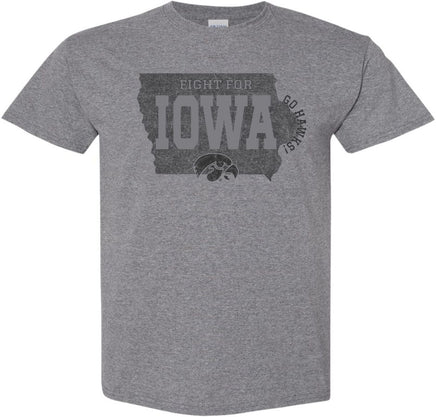 This design features Fight For Iowa and a Tigerhawk inside the state of Iowa. There is also a Go Hawks around the east edge of the state of Iowa. Printed on a pre-shrunk, 50/50 cotton/poly medium gray t-shirt with black ink. All of our Iowa Hawkeye designs are Officially Licensed and approved by the University of Iowa.